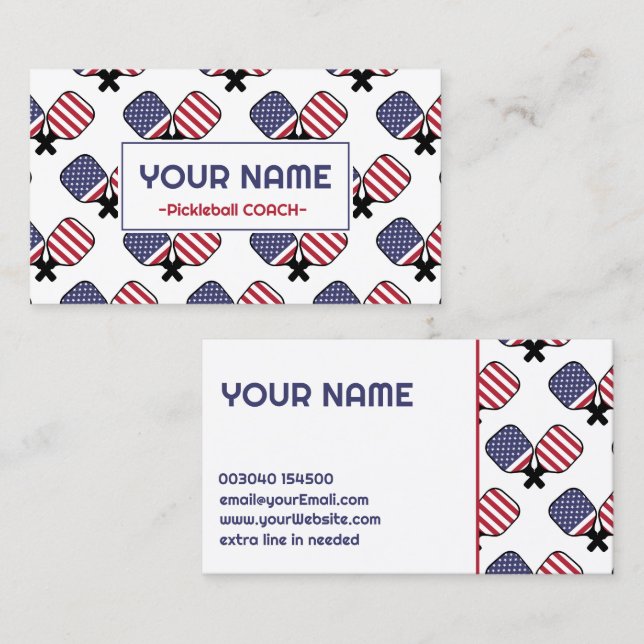 Pickleball Coach - USA pattern on white Business Card (Front/Back)