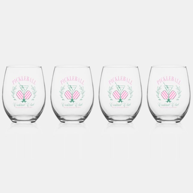 Pickleball Cocktail Club Stemless Wine Glass (Front)