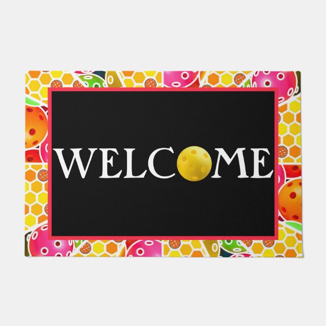 Pickleball-Colourful Balls and Honeycombs, Welcome Doormat (Front)
