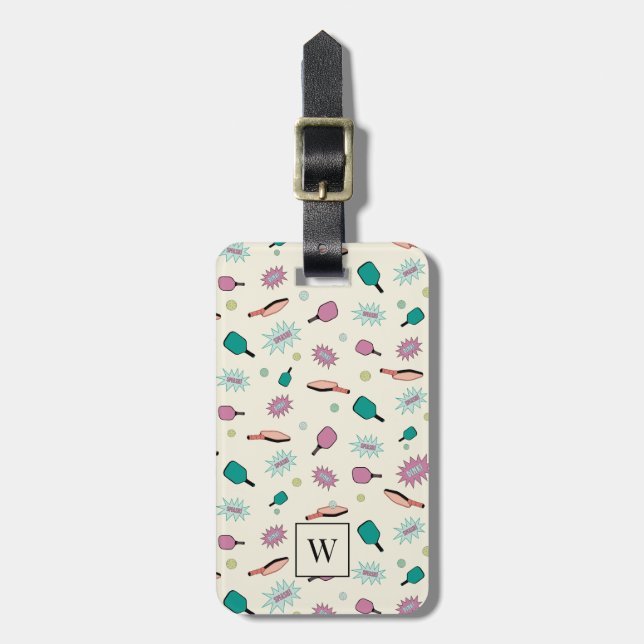 Pickleball! Colourful Monogram Initial Pattern Luggage Tag (Front Vertical)