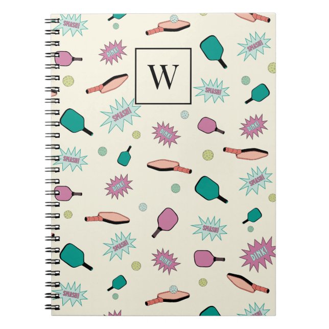 Pickleball! Colourful Monogram Initial Pattern Notebook (Front)