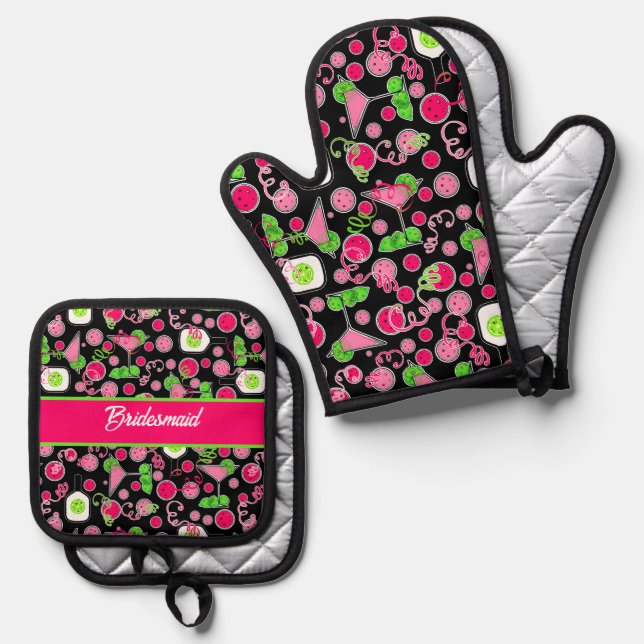 Pickleball Cosmo Cocktail Day Dinking Party Black Oven Mitt & Pot Holder Set (Front/Back)