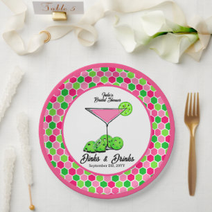 Pickleball Cosmo Dinks & Drinks Pink Honeycomb Paper Plate