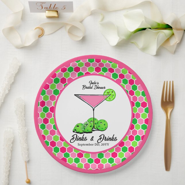 Pickleball Cosmo Dinks & Drinks Pink Honeycomb Paper Plate (Wedding)