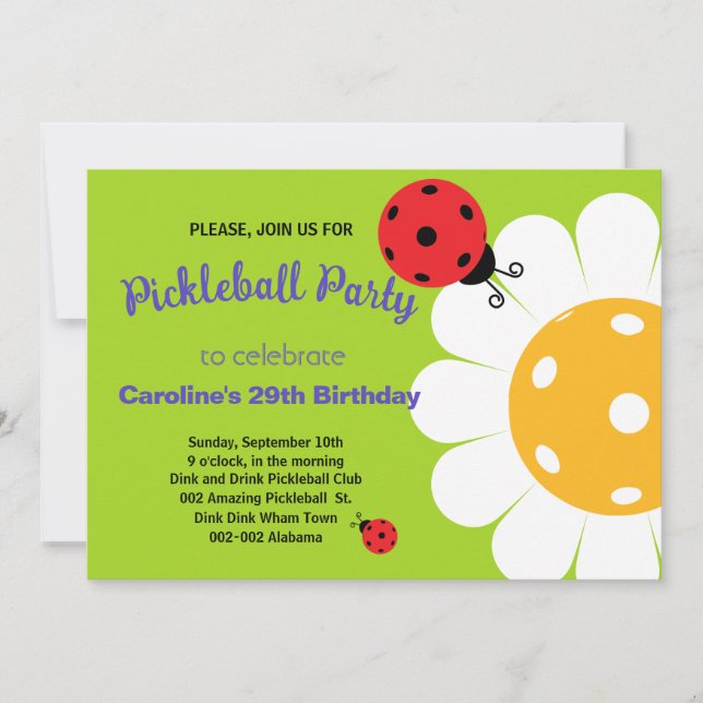 Pickleball Daisy & Ladybug B'day  Invtation+ RSVP  Card (Front)