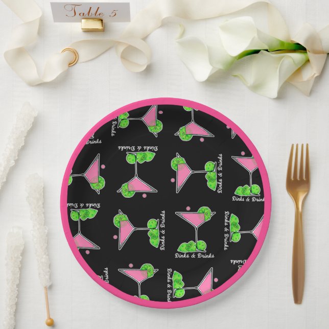Pickleball Dinks & Drinks Pink Cosmo Cocktails  Paper Plate (Wedding)