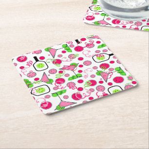 Pickleball Dinks & Drinks Pink Cosmo Cocktails Square Paper Coaster