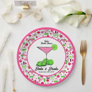 Pickleball Dinks & Drinks Pink Green Cocktails Paper Plate