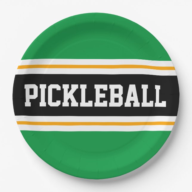 PICKLEBALL Fun Athletic Bold Green Black Stripes Paper Plate (Front)