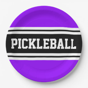 PICKLEBALL Fun Bright Purple Black White Stripes Paper Plate