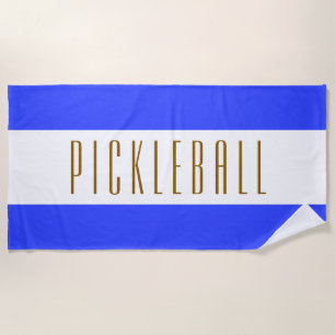 PICKLEBALL Fun Sporty Bright Blue White Stripes  Beach Towel