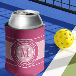 Pickleball Funny Quote Custom Name Initial Pink Can Cooler<br><div class="desc">Classic design features two lines of customisable text for "Pickleball Princess" or a custom saying of choice and name or custom text in a timeless modern font arched over & under an image of a pickleball in light pink. The background pattern is coordinating colourful dark pink & white. Add one...</div>