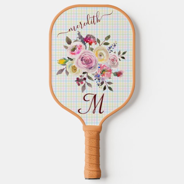 Pickleball Gal: Flowers Plaid Monogram Name   Pickleball Paddle (Front)