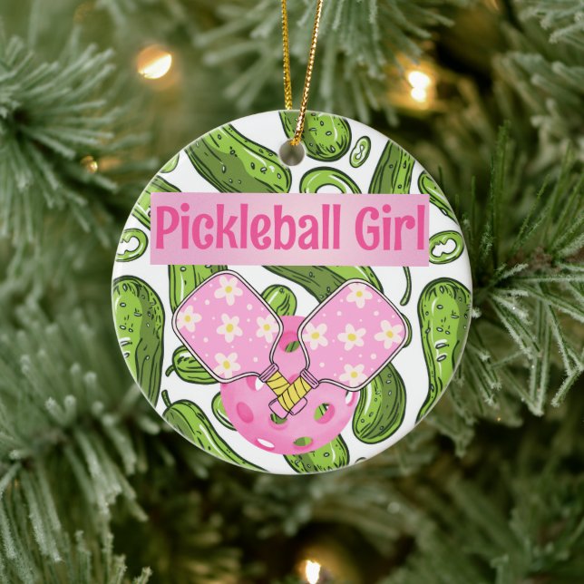 Pickleball Girl Pickles and Pickleballs Custom Cer Ceramic Ornament (Tree)