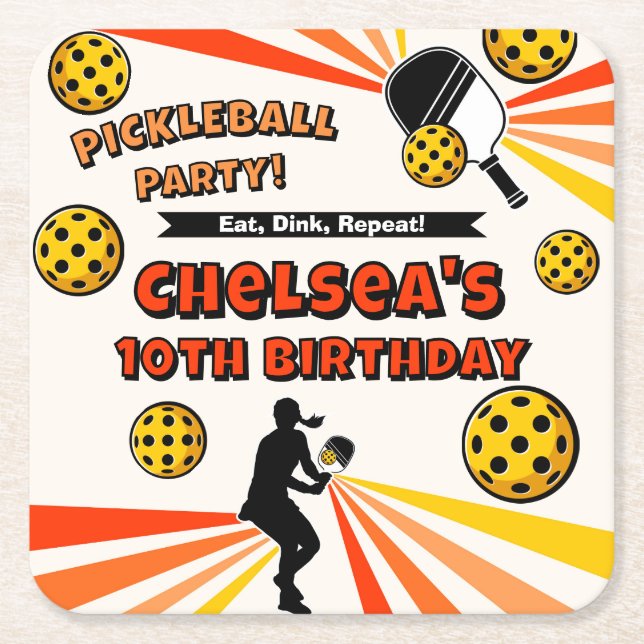 Pickleball Girls Birthday Party Retro Player Square Paper Coaster (Front)