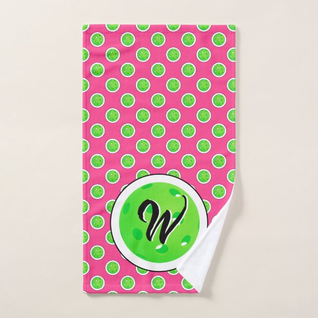 Pickleball Green Pickleballs Polka Dots Hot Pink Hand Towel (Hand Towel)