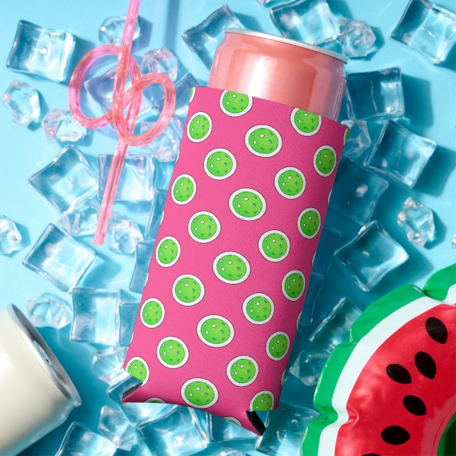 Pickleball Green Pickleballs Polka Dots Hot Pink Seltzer Can Cooler (In Situ Summer)