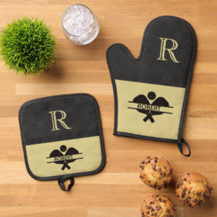 Pickleball Guy Monogram Initial Name     Oven Mitt & Pot Holder Set
