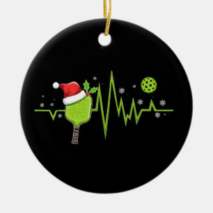 Pickleball Heartbeat Santa Hat Paddle Christmas Ceramic Ornament