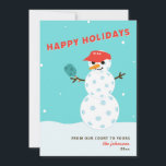 Pickleball Holiday Christmas Humourous Snowman Car<br><div class="desc">Your family and friends will get a chuckle when they see this pickleball snowman holiday card! In red,  blue and white. Text below the snowman is customisable. Part of a collection from Parcel Studios.</div>