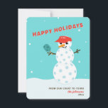 Pickleball Holiday Christmas Humourous Snowman Car<br><div class="desc">Your family and friends will get a chuckle when they open this pickleball snowman holiday card! In red,  blue and white. Text below the snowman is customisable. Part of a collection from Parcel Studios.</div>