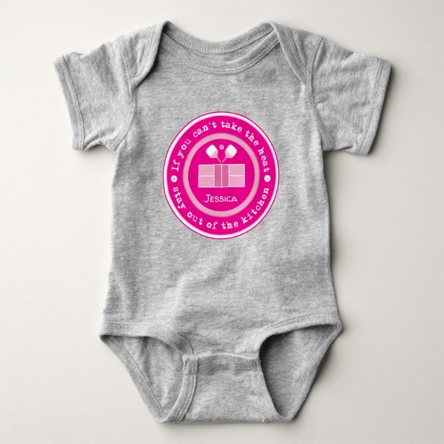 Pickleball: if you cant take the heat custom text  baby bodysuit (Front)