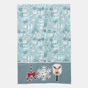 Pickleball Joy Christmas Blue White Reindeer Tea Towel