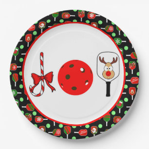 Pickleball Joy Christmas Party Red Green on Black Paper Plate