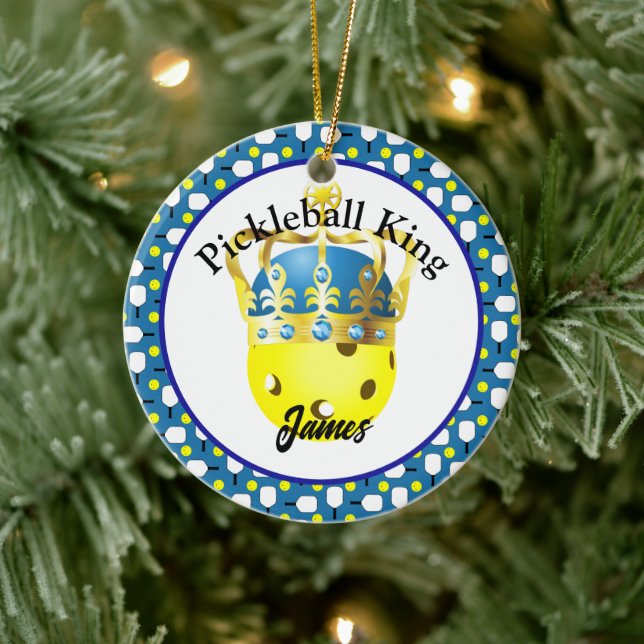 Pickleball King Personalised Yellow, Blue, White Ceramic Ornament (Tree)