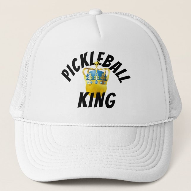 Pickleball King, Yellow Pickleball Wearing A Crown Trucker Hat (Front)
