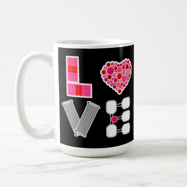 Pickleball Love Heart Court Balls Paddles Black Coffee Mug (Left)