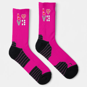 Pickleball Love Heart Court Balls Paddles Hot Pink Socks