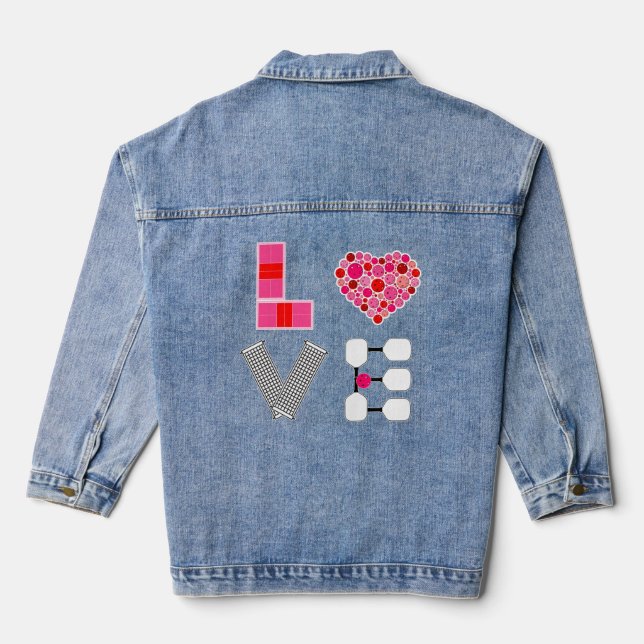 Pickleball Love Heart Court Balls Paddles Pink Red Denim Jacket (Back)