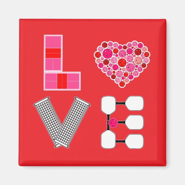 Pickleball Love Heart Court Balls Paddles Pink Red Magnet (Front)