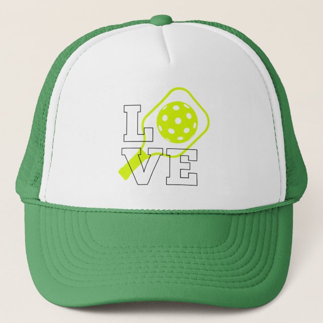 Pickleball Love – Neon Paddle and Ball Design Trucker Hat (Front)