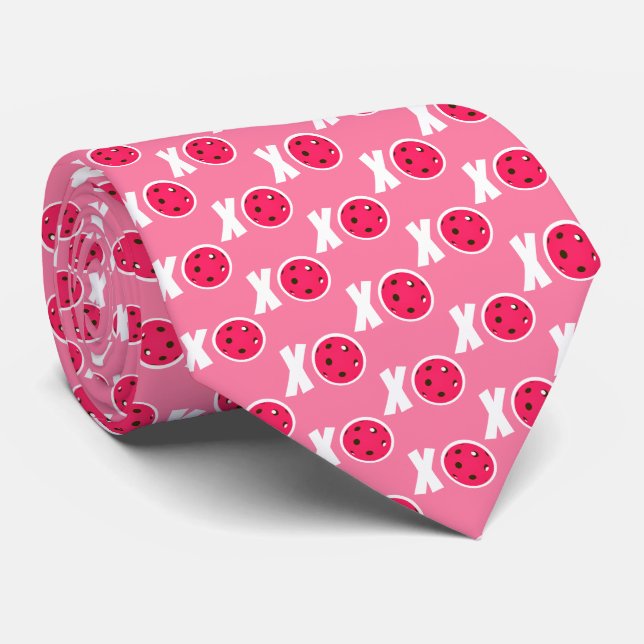 Pickleball Love Pink Valentine XOXO Pickleballs Tie (Rolled)