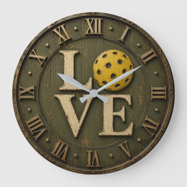 Pickleball Love  Rustic Pickleball Player Gift Large Clock (Front)