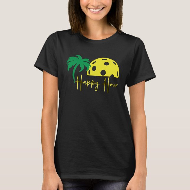 Pickleball Lover HAPPY HOUR Funny Huge Sunset Palm T-Shirt (Front)