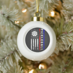 Pickleball Lovers 4th of July American Flag Ceramic Ball Christmas Ornament