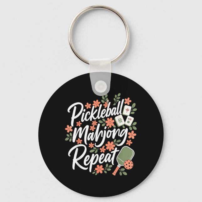 Pickleball Mahjong Repeat Flower Floral Paddle Key Ring (Front)