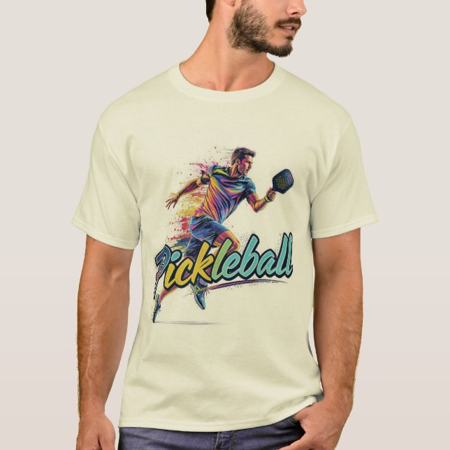 Pickleball Male Player in Motion T-Shirt (Front)