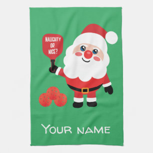 Pickleball Naughty or nice Santa green Tea Towel