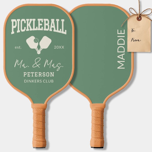 Pickleball Newlyweds Gift Custom Text Green Yellow Pickleball Paddle (pickleball personalized newlywed gift paddles club team player gift custom text green)