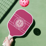 Pickleball Ninja Custom Name Initial Girly Pink Paddle<br><div class="desc">Classic design features two lines of customisable text for "Pickleball Ninja" or custom saying of choice and name or custom text in a timeless modern font arched over & under an image of a pickleball in pink on a colourful pink background. Add one or two intials in the centre of...</div>
