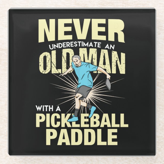 Pickleball - Old Man With A Pickleball Paddle Glass Coaster (Front)