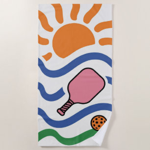 Pickleball Orange Ball And Sunburst Vibes Birthday Beach Towel