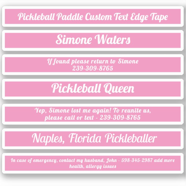 Pickleball Paddle Edge Tape Custom Text Pink White (Front)