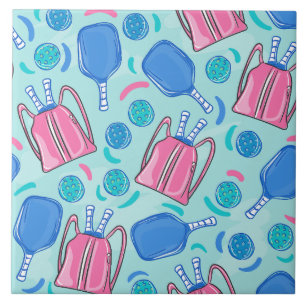 Pickleball Paddles and Balls Blue Ceramic Tile