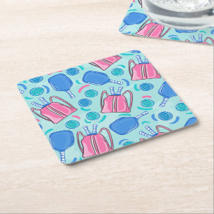 Pickleball Paddles and Balls Blue Square Paper Coaster