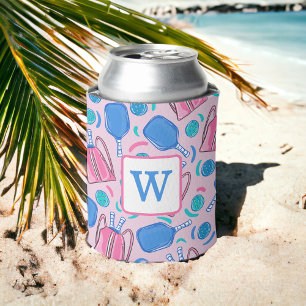 Pickleball Paddles and Balls Pink Preppy Can Cooler